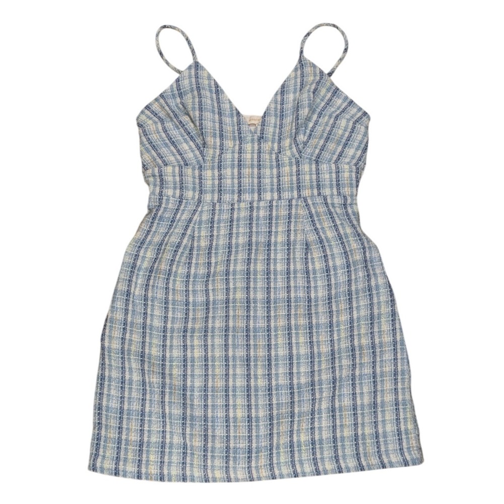 Monteau Los Angeles Dress Mini Plaid Tweed Empire Waist Blue Women's Medium‎
